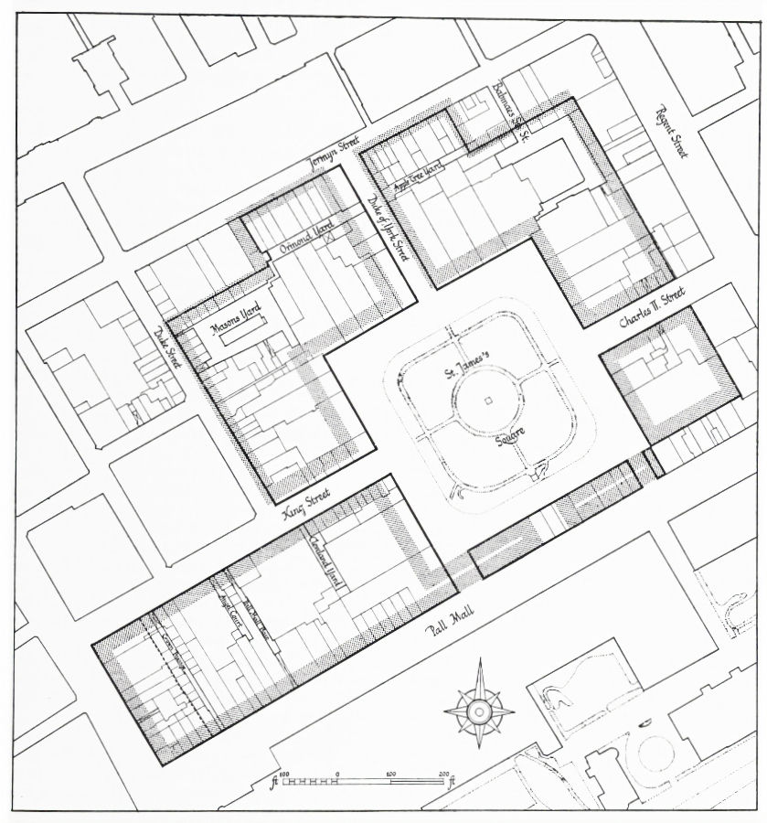 Black & white map of the Earl of St. Albans's freehold, layout plan for St. James's Square.