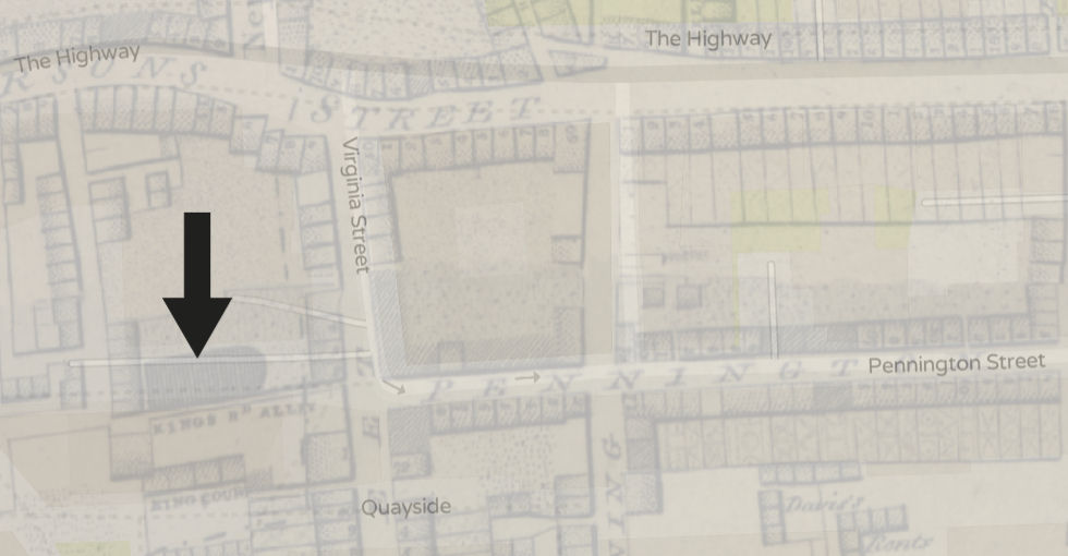 Overlay map showing the location of Virginia Chapel on King's Road Alley, off Virginia Street in Richard Horwood's 1799 map of London overlaid on current map. Screenshot from https://www.layersoflondon.org/map/overlays/horwood-1799