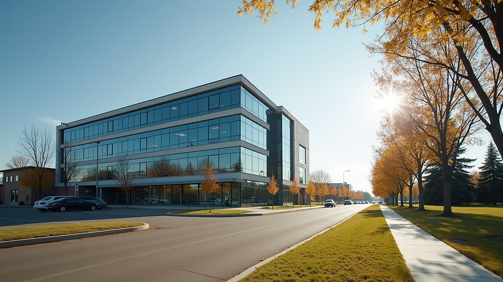 Eye-level view of a modern office building in Saskatchewan