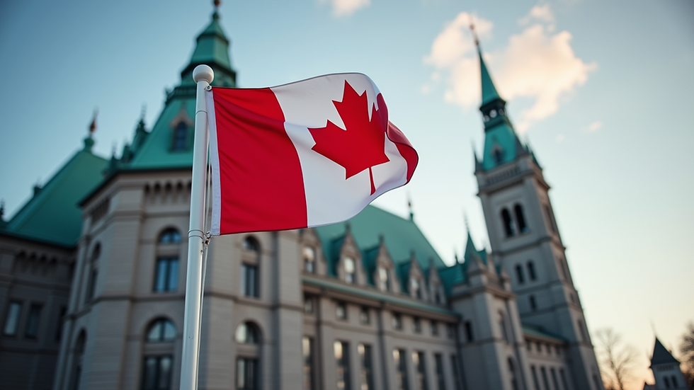Eye-level view of a Canadian flag waving outside a government building