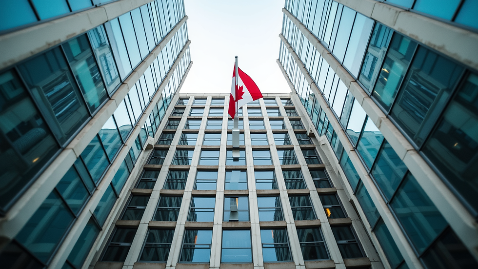 Eye-level view of a Canadian office building with a flag