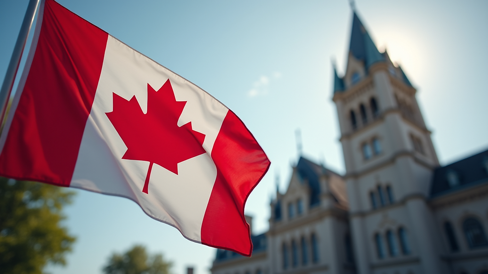 Eye-level view of a Canadian flag waving outside a government building