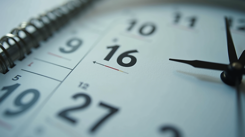 Close-up view of a calendar with marked dates and a clock