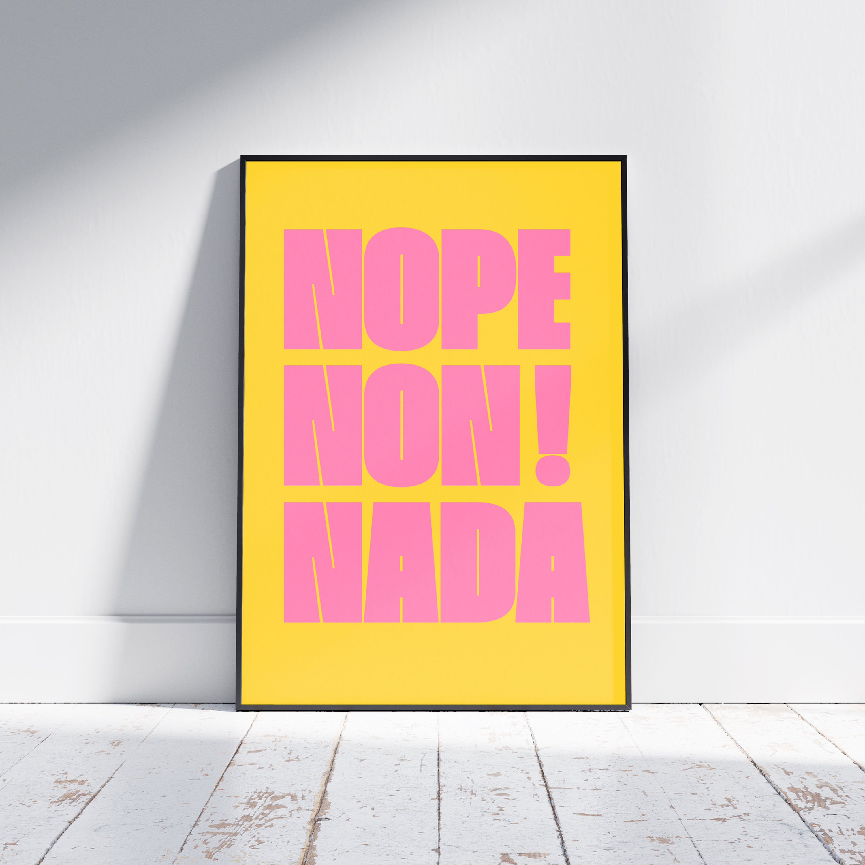 Typography print “nope, non, nada! — Lemon Sorbet” featuring bold lettering in yellow and soft pink tones.