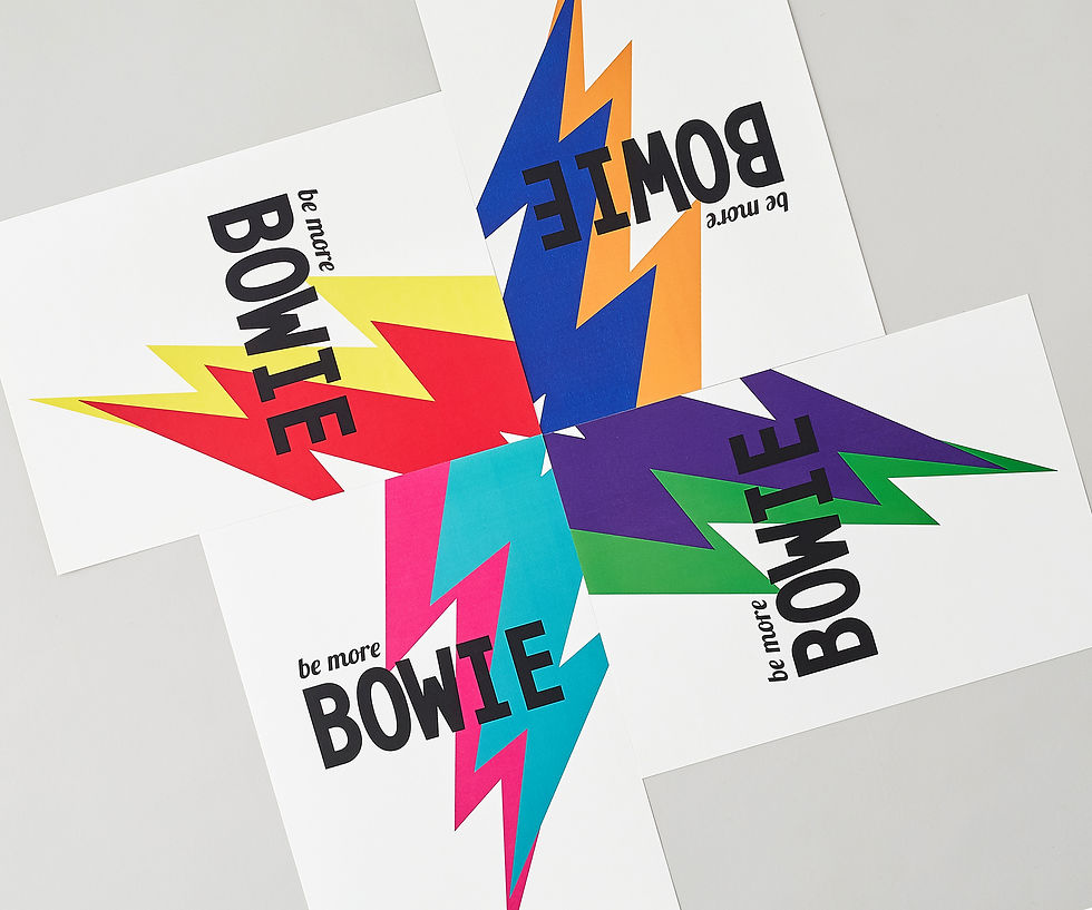Thumbnail: Framed Art print that says Be More Bowie in black typography with colourful blue and orange lightning bolt