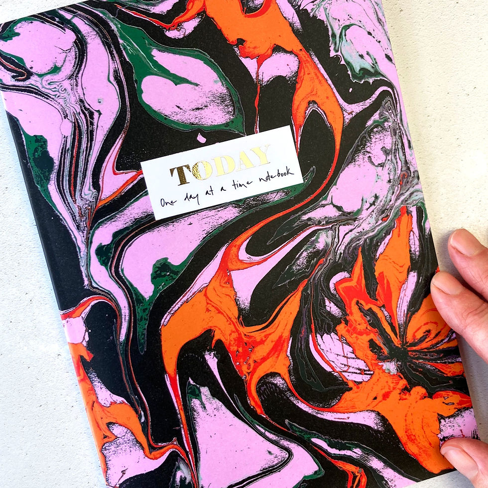 Thumbnail: Colourful notebook with pink, orange, green and black marbling patterns on the front cover which says 'Today'.