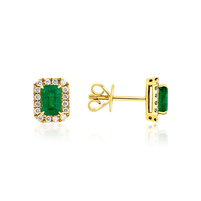 DIAMOND HALO WITH EMERALD CUT EMERALDS STUD EARRINGS