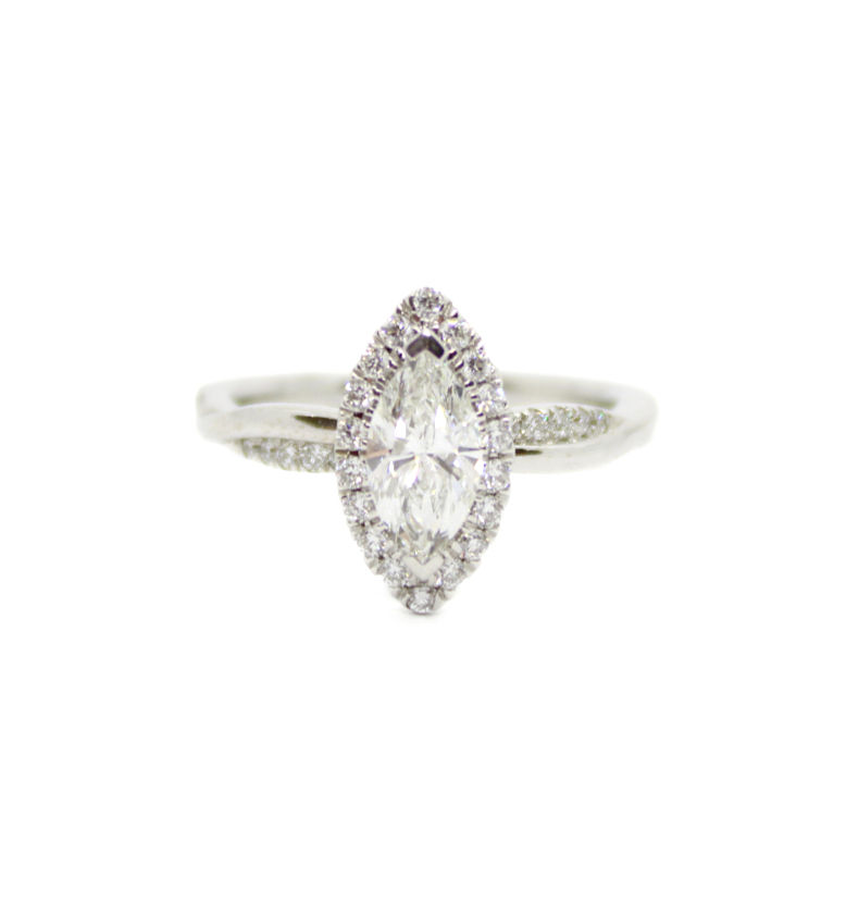 LAB DIAMOND MARQUISE 0.72CT WITH HALO AND TWIST BAND RING
