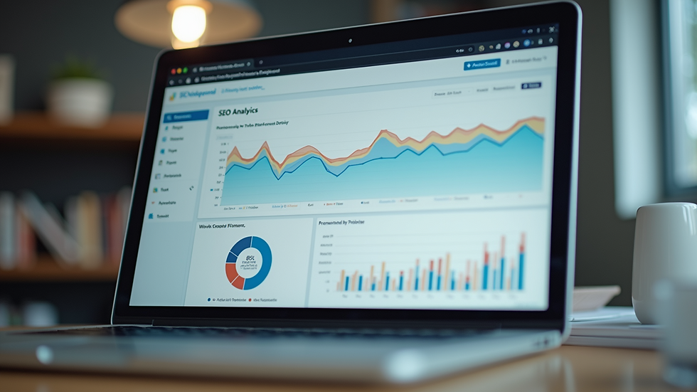Eye-level view of a laptop screen showing SEO analytics dashboard