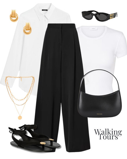 Walking Tours Outfit. Black trousers styled with a white Shirt and black accessories 