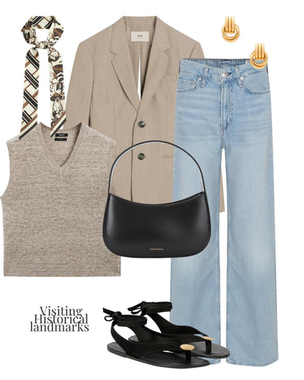 Visiting Historical Landmarks Outfit Inspo  Jeans, Vest and a Blazer styled with black Accessories 