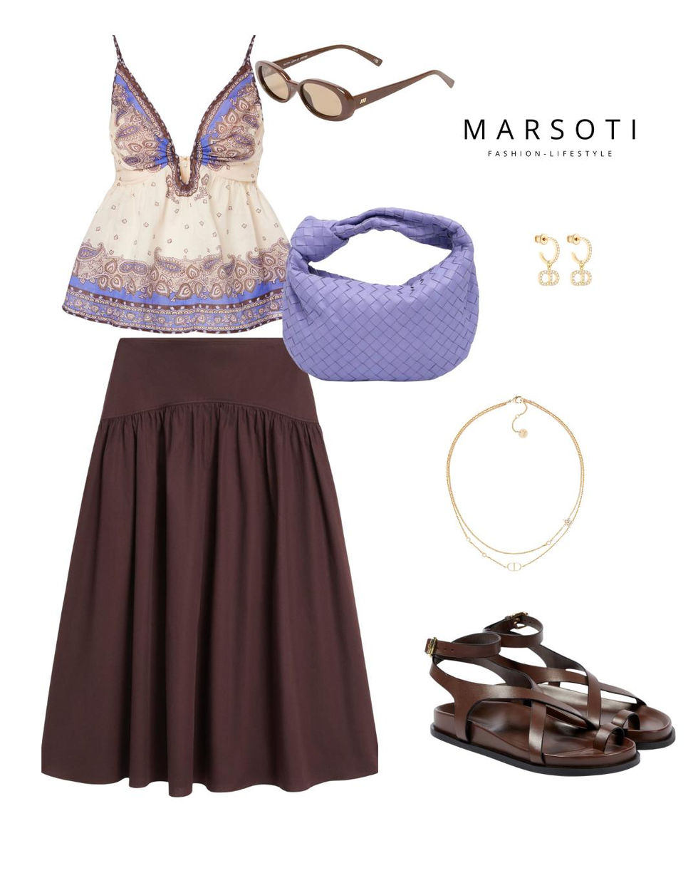 Outfit Layflat brown skirt styled with purple top and a bag