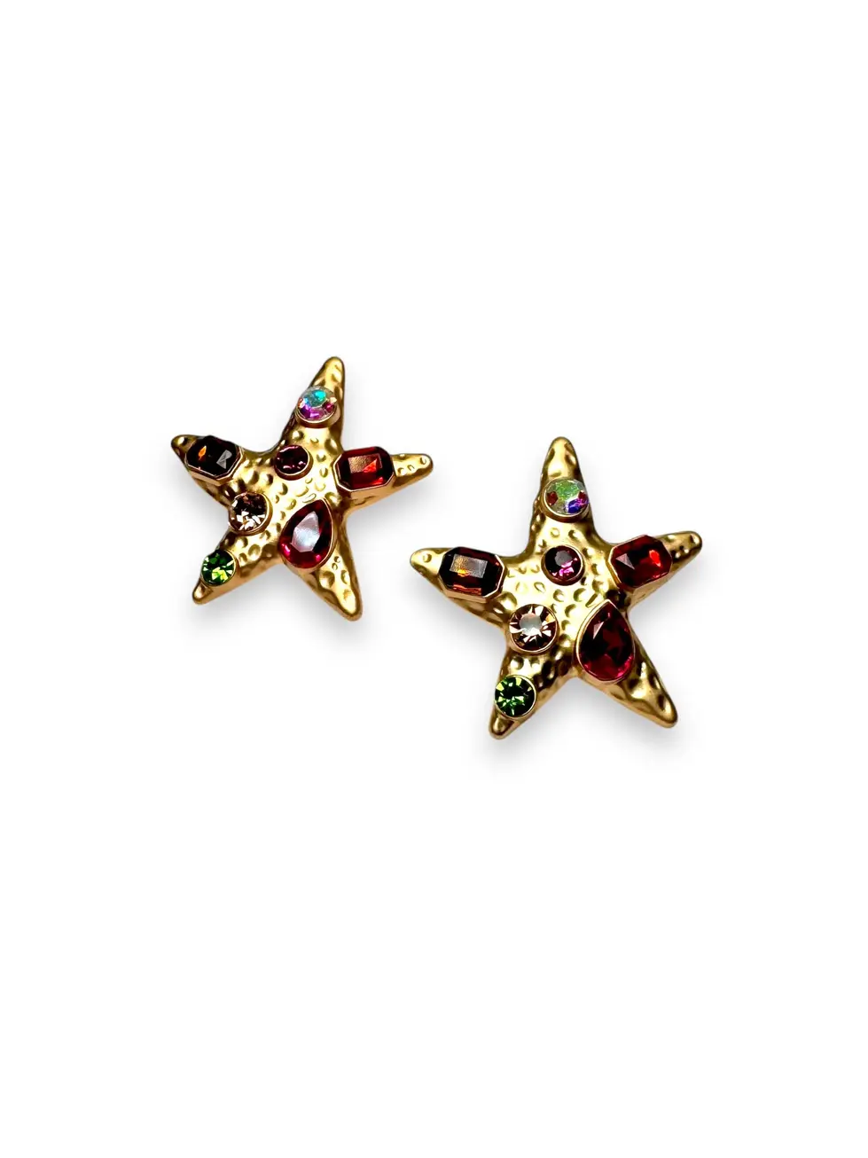 Large golden starfish earrings embellished with small simmery colorful stones.