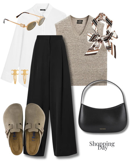 Shopping Day Outfit Inspo. Black Trousers with White Shirt and a Vest 