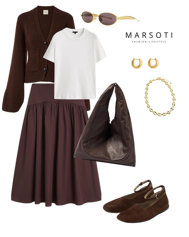 Outfit Layflat A brown skirt styled with white tee and brown cardi