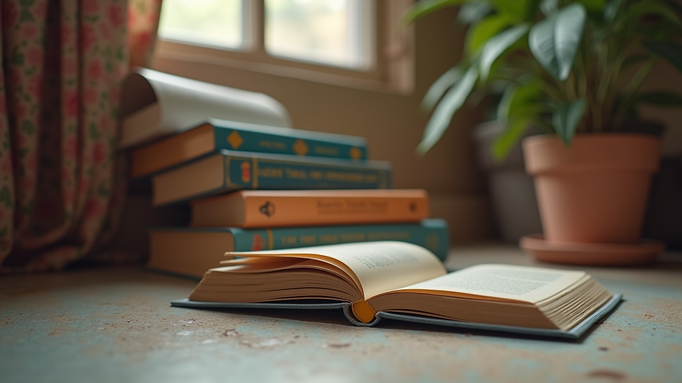 Eye-level view of a cozy reading nook with a stack of colorful books