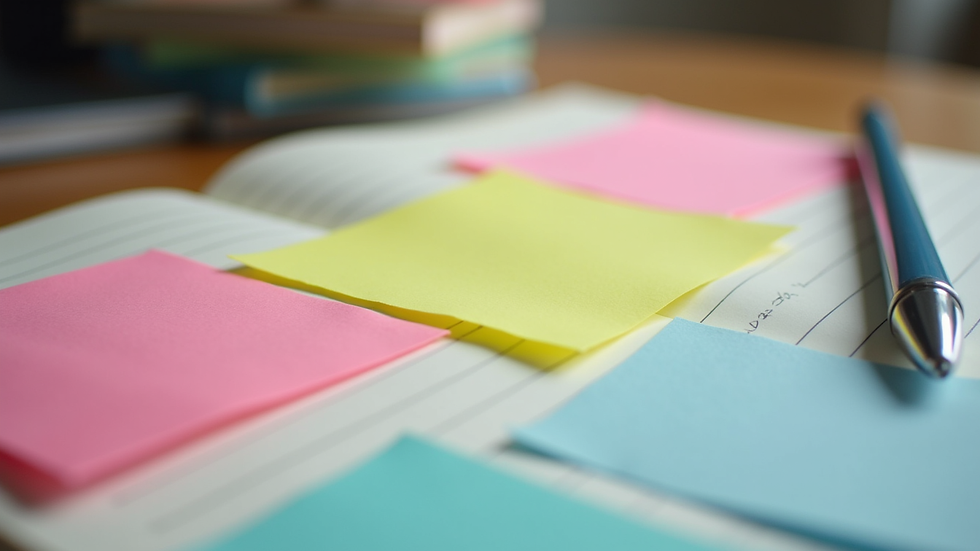 Close-up view of a notebook with colorful sticky notes and a pen for book club notes