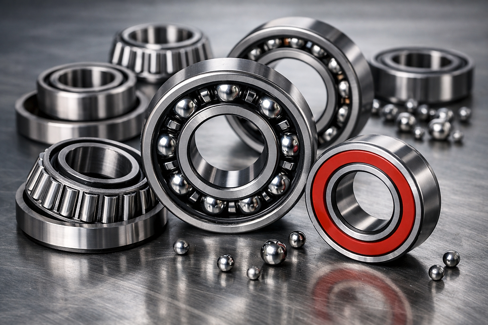 Vários rolamentos automotivos e industriais em aço, incluindo rolamento de esferas e rolamento de rolos cônicos.