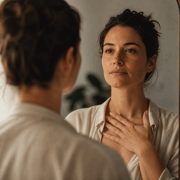 Femme face à son reflet, main posée sur la poitrine, exprimant le passage du doute de soi vers la reconnaissance de sa valeur.
