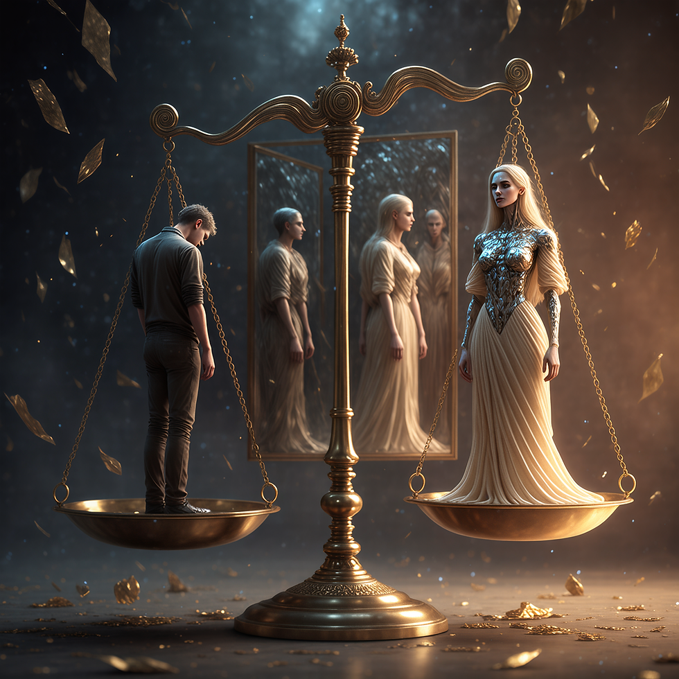 Une balance dorée oppose un homme sombre, tête baissée, et une femme lumineuse vêtue d’une robe majestueuse. Derrière eux, un miroir reflète leurs images distordues, symbolisant la comparaison et la perception biaisée.