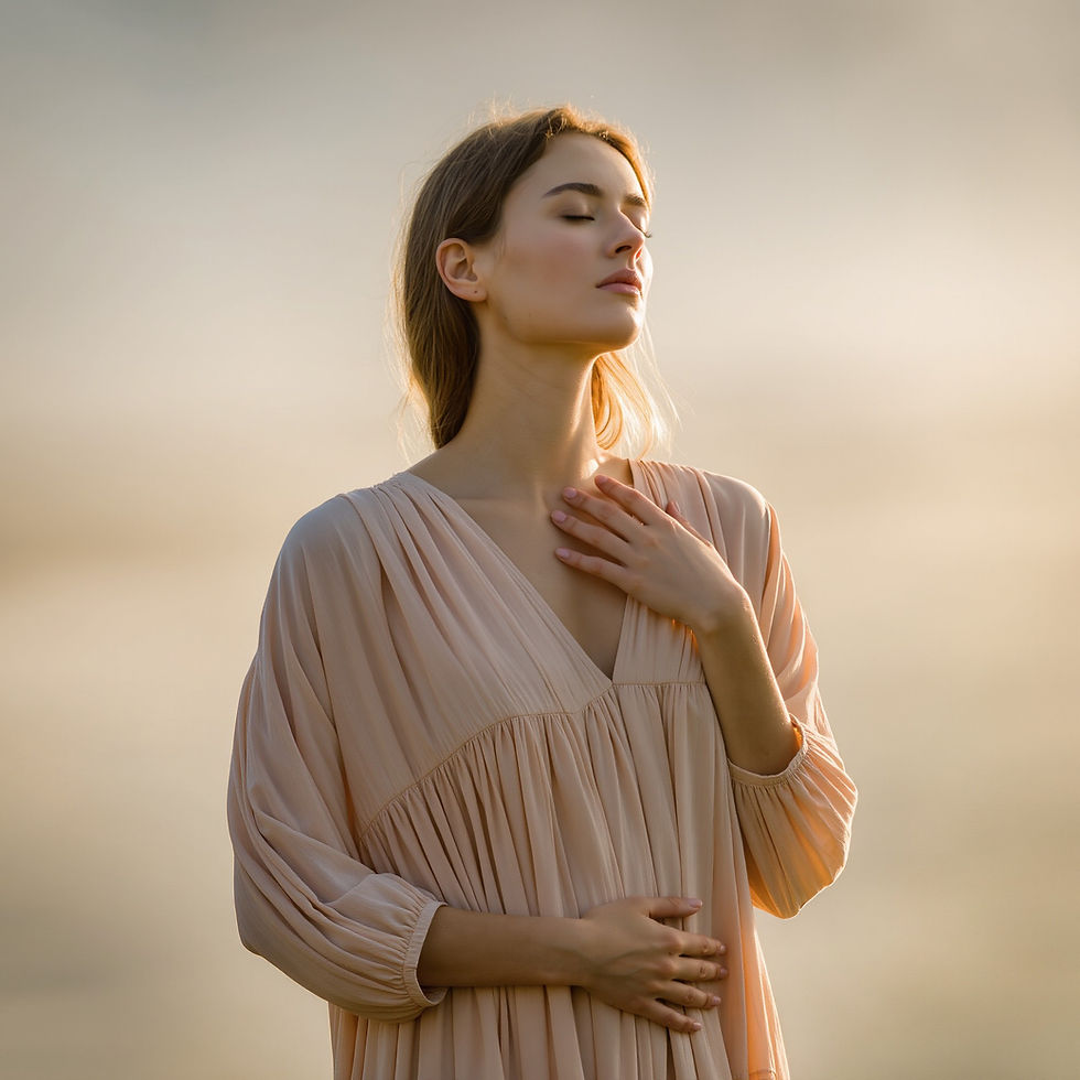 Une femme caucasienne, debout dans une lumière dorée d’aube, les yeux clos et les mains sur son cœur et son ventre, incarnant l’appel intérieur à se retrouver.