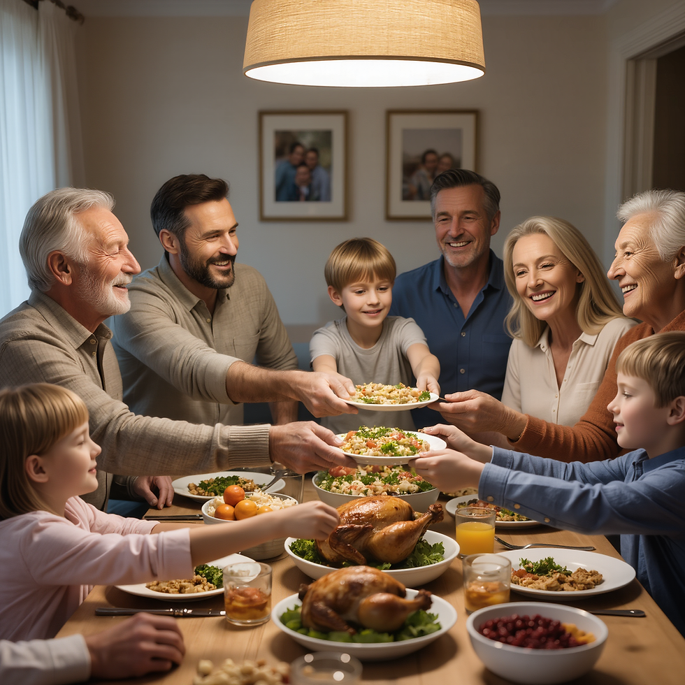 Une famille multigénérationnelle partage un repas festif autour d’une grande table. Tous sourient et échangent des plats dans une atmosphère chaleureuse, symbolisant l’harmonie familiale et la convivialité.