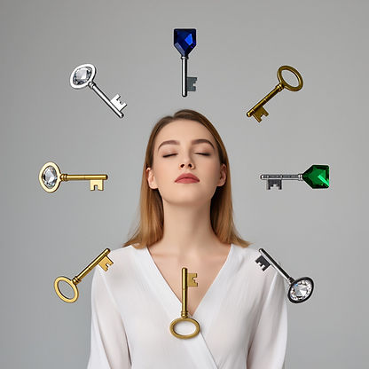 Femme caucasienne entourée de clés et de gemmes flottantes, yeux fermés, expression paisible — image des Inclassables retrouvant l’harmonie intérieure.