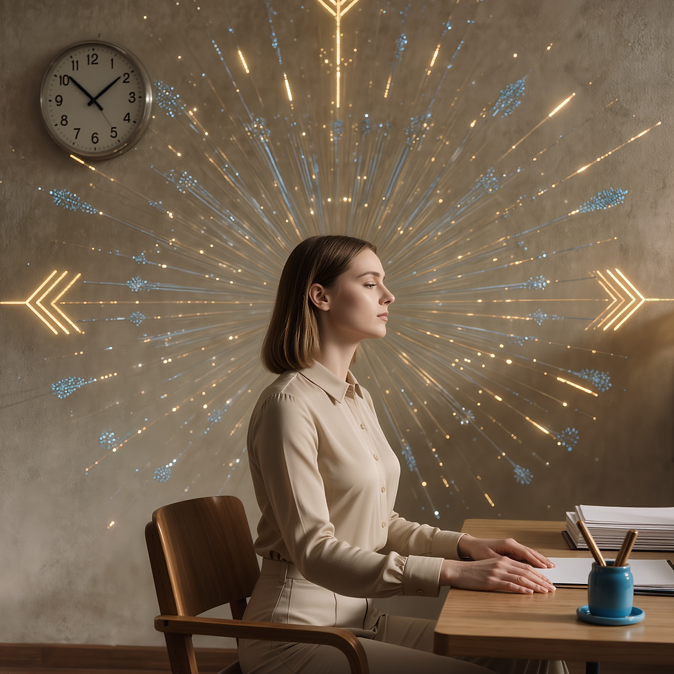 Femme assise à un bureau, posture droite et calme, les yeux fermés, entourée de rayons lumineux dorés et bleus symbolisant la stabilité intérieure et l’harmonie. Une horloge discrète au mur rappelle le temps qui s’écoule sereinement.