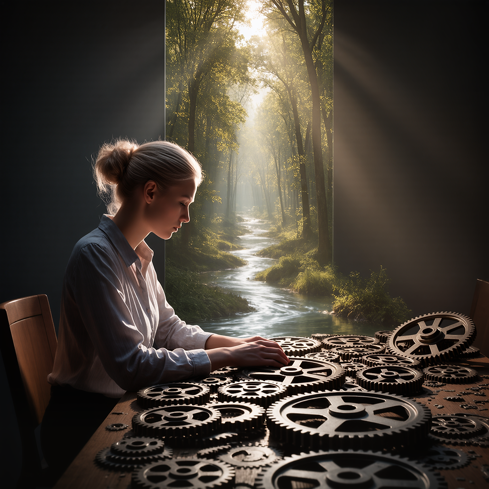 Une femme assise à une table remplie d’engrenages sombres, penchée et concentrée, tandis qu’une ouverture derrière elle révèle une forêt baignée de lumière et un cours d’eau apaisant, évoquant la transition du burn-out vers la vitalité.