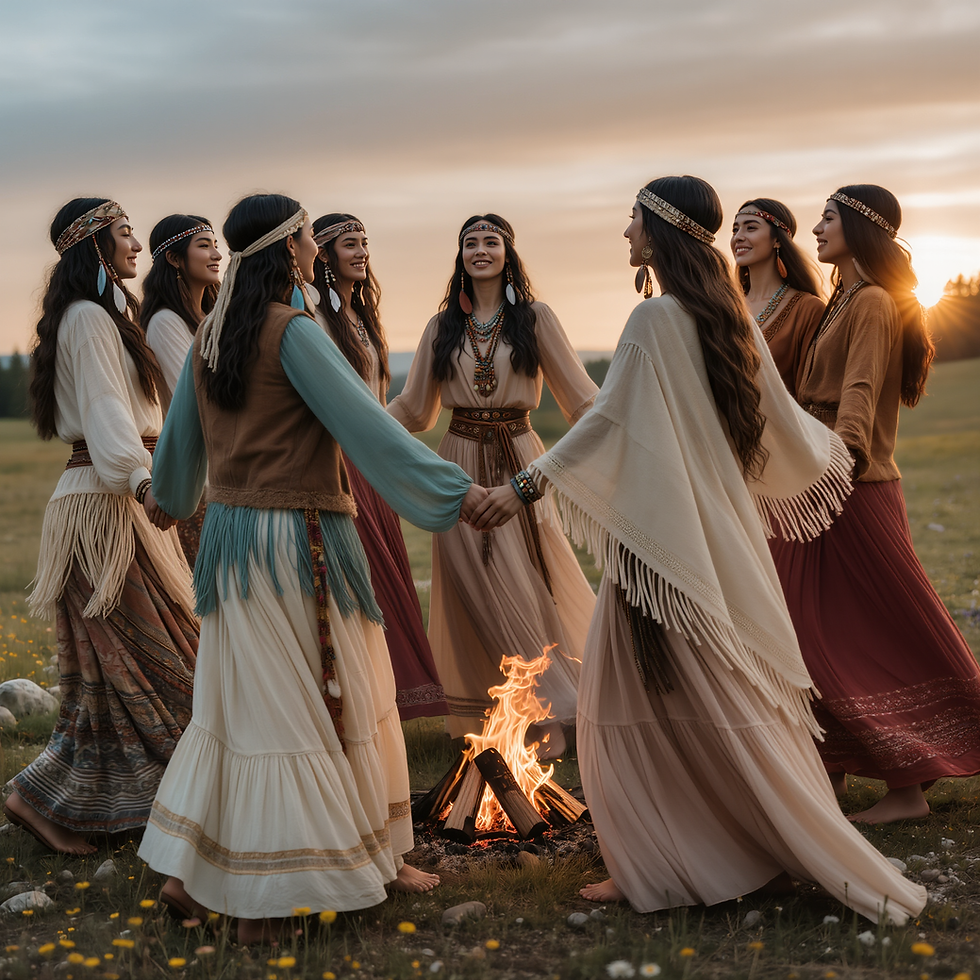 ercle de femmes en tenues bohèmes tenant leurs mains autour d’un feu au coucher du soleil, célébrant la sororité, la guérison et la souveraineté féminine.