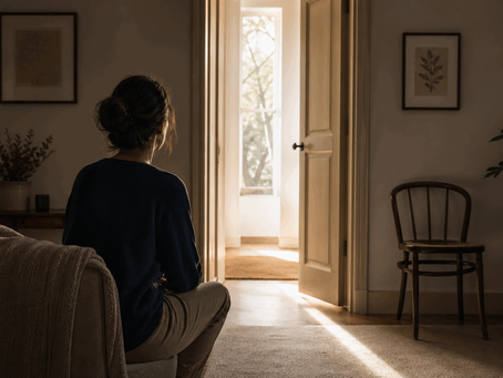Personne assise seule dans une pièce douce, face à une porte entrouverte, symbolisant la reprise de sa place après une injustice familiale.