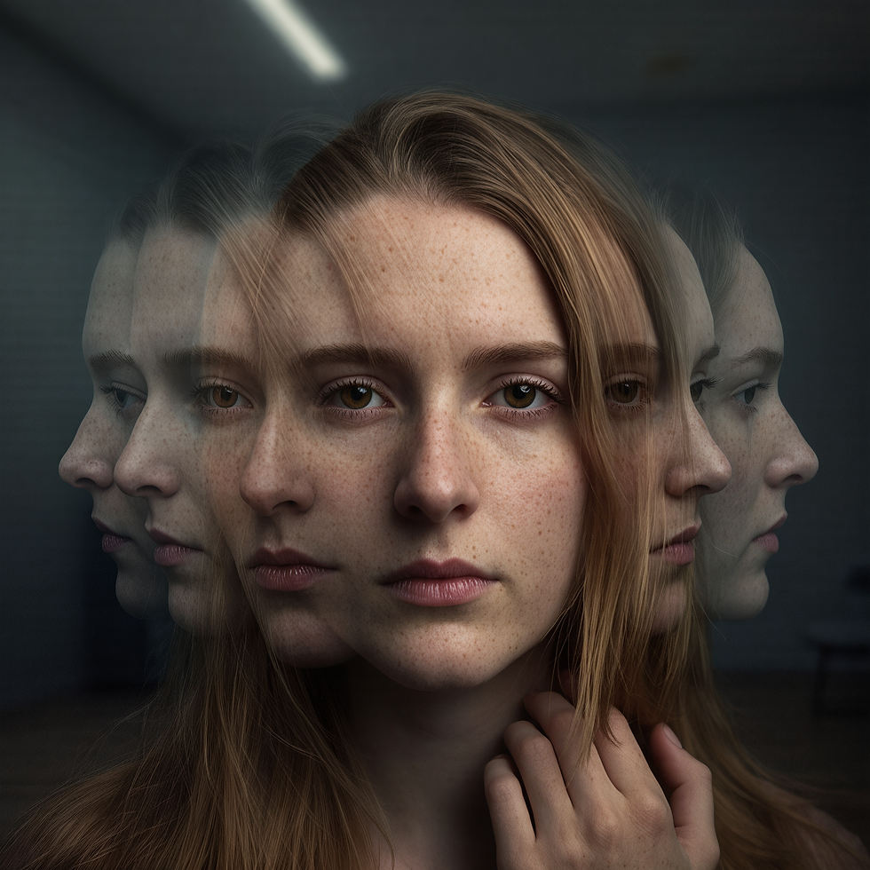 Portrait serré d’une femme au regard intense, son visage se dédouble et se superpose en transparence, illustrant la confusion intérieure et la boucle de pensées incessantes.