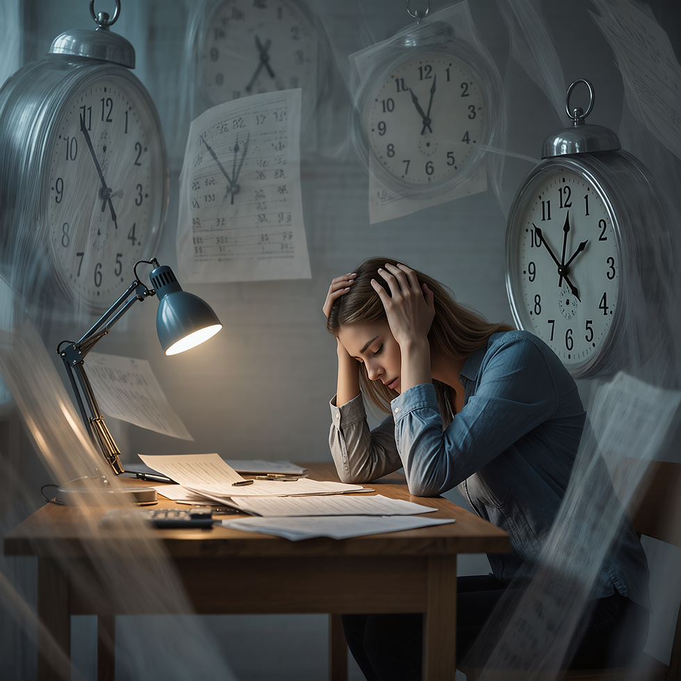 Femme assise à un bureau sous une lumière tamisée, la tête dans les mains, entourée de papiers éparpillés et d’horloges. L’atmosphère symbolise la fatigue et la pression constante du stress chronique.