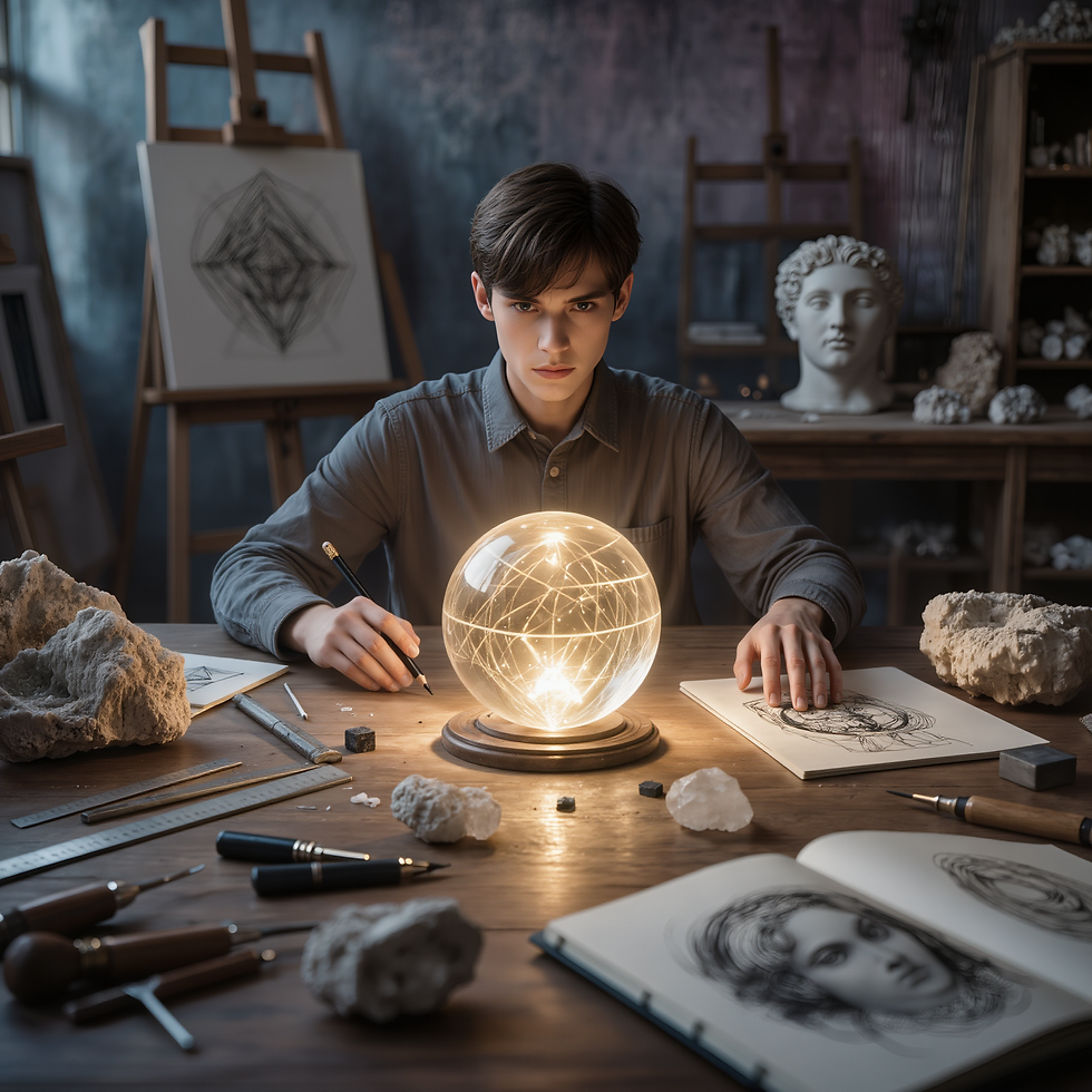 Jeune artiste concentré assis à une table remplie d’outils, de croquis et de pierres brutes. Devant lui, une sphère lumineuse posée sur un socle projette des motifs géométriques brillants, symbolisant l’inspiration créative. L’ambiance de l’atelier, avec bustes et dessins, reflète la rigueur et l’exigence de la création artistique.