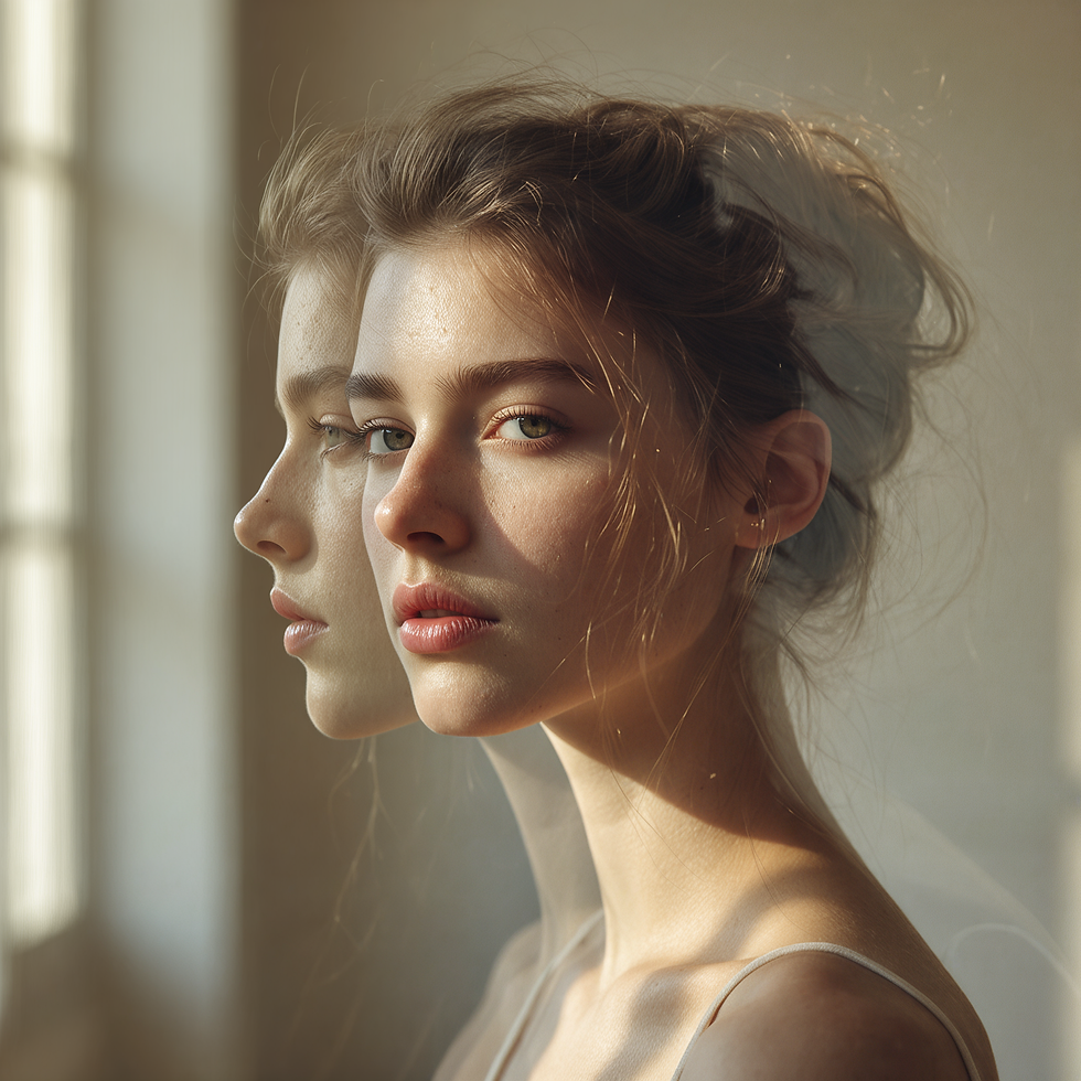 Portrait d’une jeune femme au regard calme, baignée par une douce lumière dorée. Son reflet dans la vitre apparaît harmonieux et apaisé, symbolisant la clarté intérieure et la sérénité mentale.