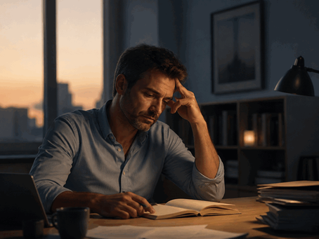 Une personne assise à son bureau, fatiguée mais attentive, dans une lumière douce symbolisant le besoin de retrouver de l’espace.