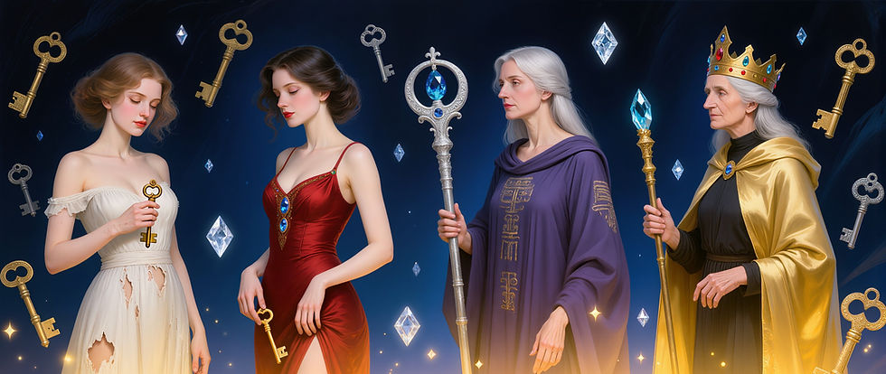 A luminous symbolic composition showing four archetypal stages of feminine evolution