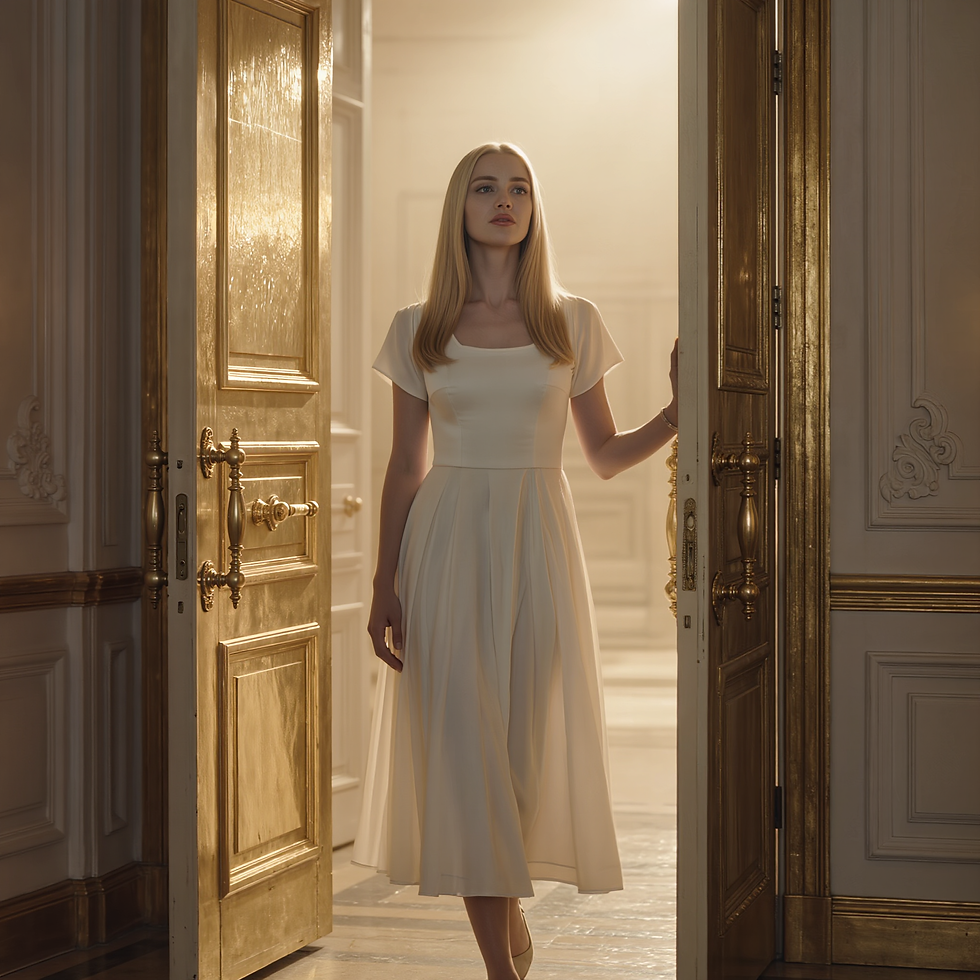 Femme en robe blanche franchissant une grande porte dorée entrouverte, baignée d’une lumière chaleureuse et rayonnante. La scène symbolise un passage vers une nouvelle étape, ouverture et transformation intérieure.