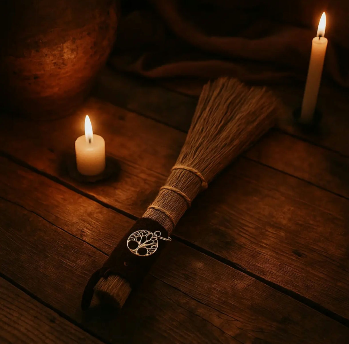 Balai avec symbole de l'arbre de vie en métal