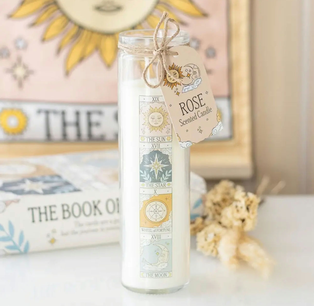Bougie tube parfumée à la rose avec design tarot vintage