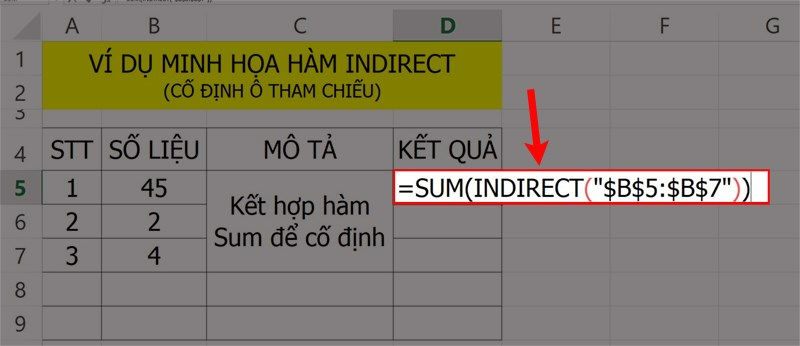 Ví dụ minh họa hàm INDIRECT để đóng băng một tham chiếu ô.