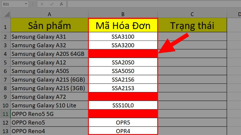 Bấm OK trong hộp thoại Quy tắc mới để tô màu các ô trống trong cột Mã hóa đơn