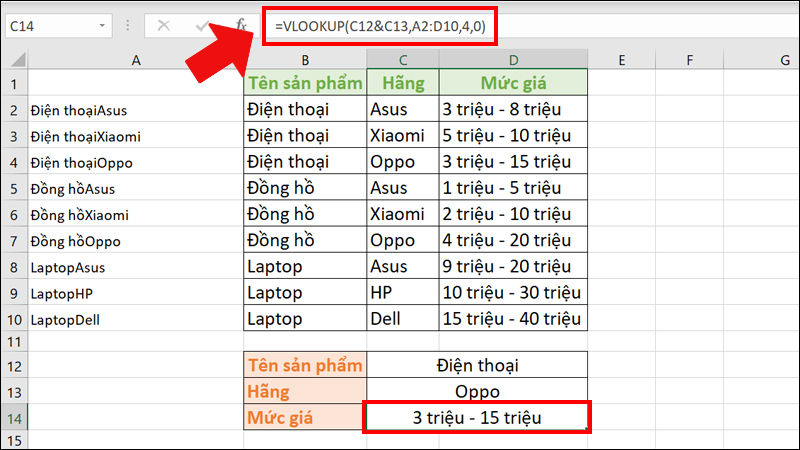 Sử dụng công thức VLOOKUP để tìm kiếm theo cột phụ