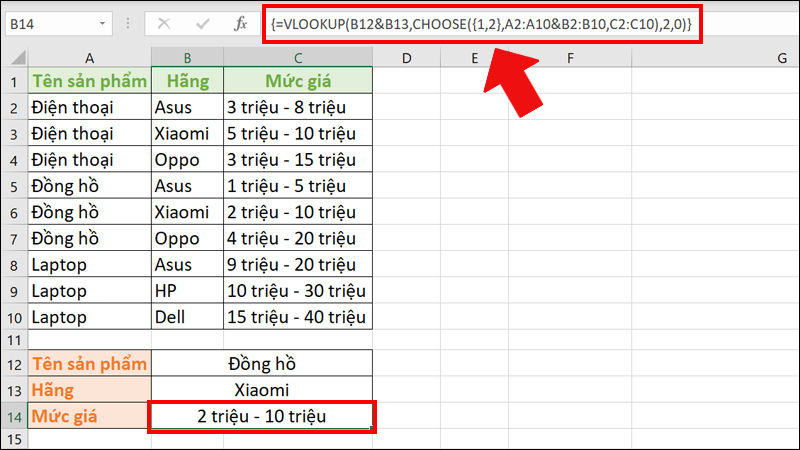 Cách sử dụng hàm Vlookup với CHOOSE và các công thức mảng
