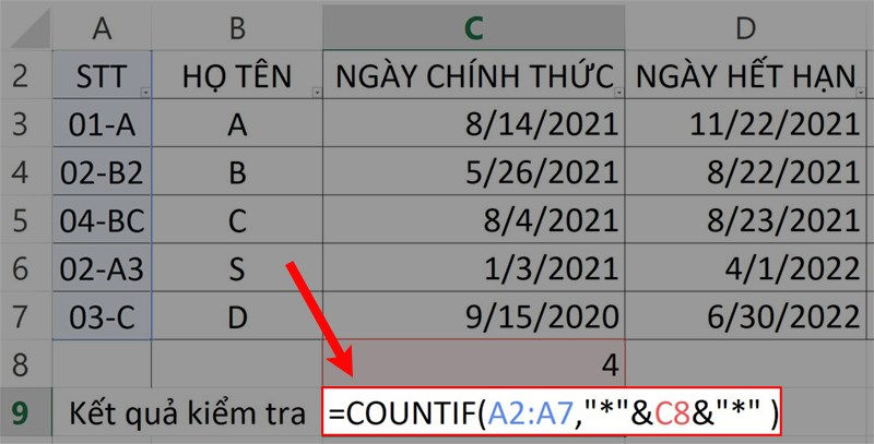 Ví dụ: Công thức dưới đây có thể đếm số chuỗi chứa