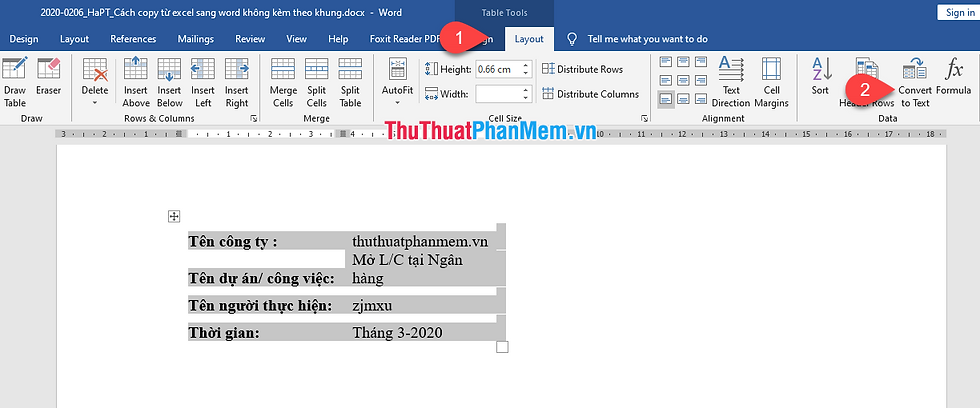 Chọn Bảng để văn bản