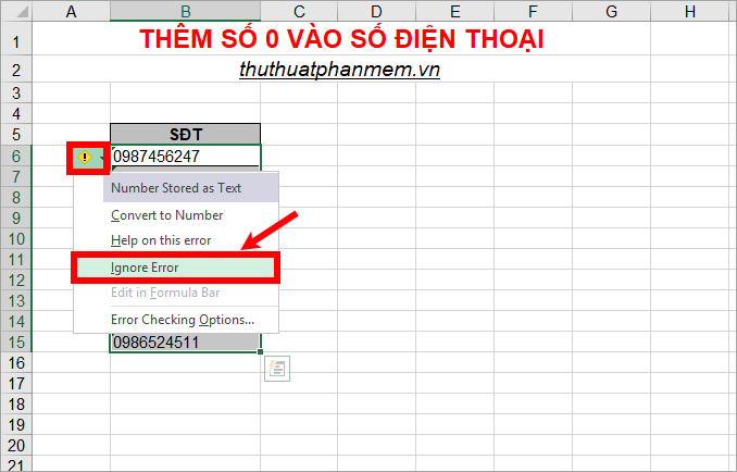 Ẩn cảnh báo màu xanh lá cây trong cột số điện thoại cũ