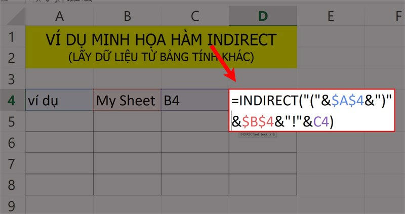 Ví dụ cho thấy hàm INDIRECT tham chiếu động đến một trang tính khác.