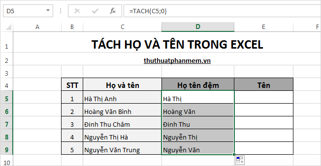 Tách biệt họ và tên trong Excel 10