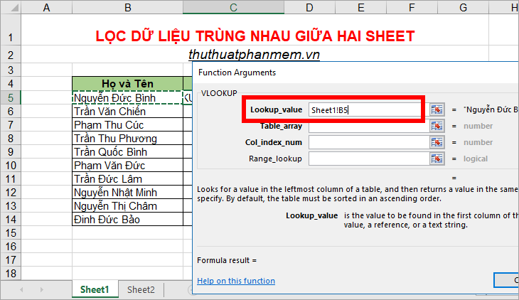 Trong phần Lookup_value, đặt con trỏ của bạn ở đây, sau đó chọn ô trong Trang tính 1